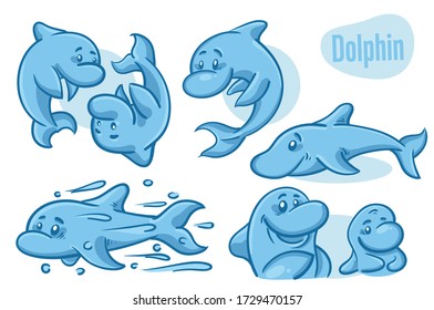 Set of hand drawn cartoon dolphins. Sea life illustration. Vector.