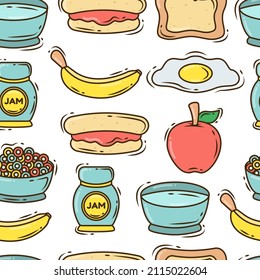 Set of hand drawn cartoon doodle breakfast items seamless pattern