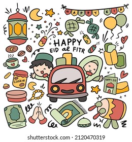 Set of Hand Drawn Cartoon Eid Al Fitr Doodle, Idul Fitri Vector Clip Art