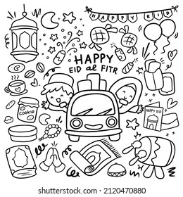 Set of Hand Drawn Cartoon Eid Al Fitr Doodle, Idul Fitri Vector Clip Art