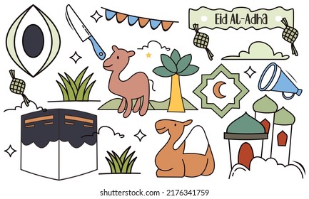 Set handgezeichnet Cartoon eid al adha doodle idul adha