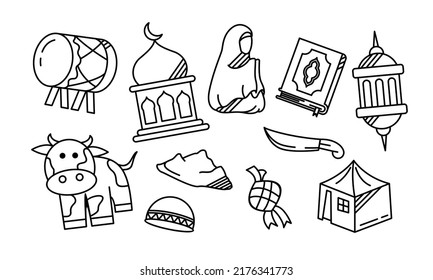 Set of hand drawn cartoon eid al adha doodle idul adha