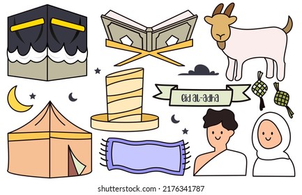 Set of hand drawn cartoon eid al adha doodle idul adha