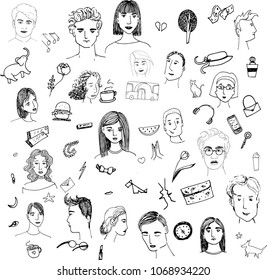 Set of hand drawn cartoon faces, people, their thoughts, desires. Relationship, romantic