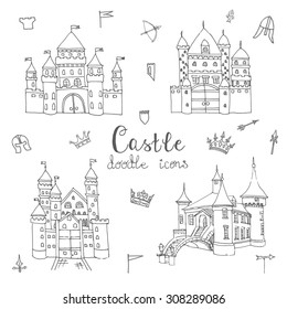 Set of hand drawn cartoon fairy tale castle icons, castle doodle vector sketch with set of fairytale, game icons - crossbow, arrow, knight helmet, flag, crown