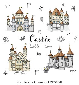 Set of hand drawn cartoon fairy tale castle icons, castle doodle vector illustration sketch with set of fairytale, game icons - crossbow, arrow, knight helmet, flag,  crown. Knight, princess castle