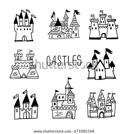 Set of hand drawn cartoon fairy tale castle icons, castle doodle vector sketch with set of fairytale