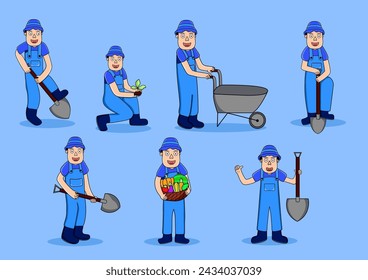 set of hand drawn cartoon farmer