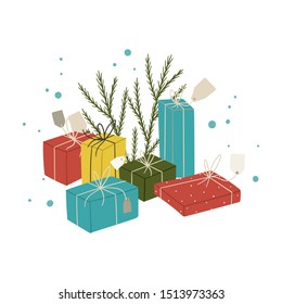 Set of hand drawn cartoon flat present boxes for Christmas and New Year. Wrapping gifts concept illustration. Stock vector