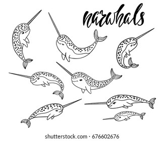 Set of hand drawn cartoon funny narwhals. Nursery unicorn of sea. Vector illustration isolated on white background.