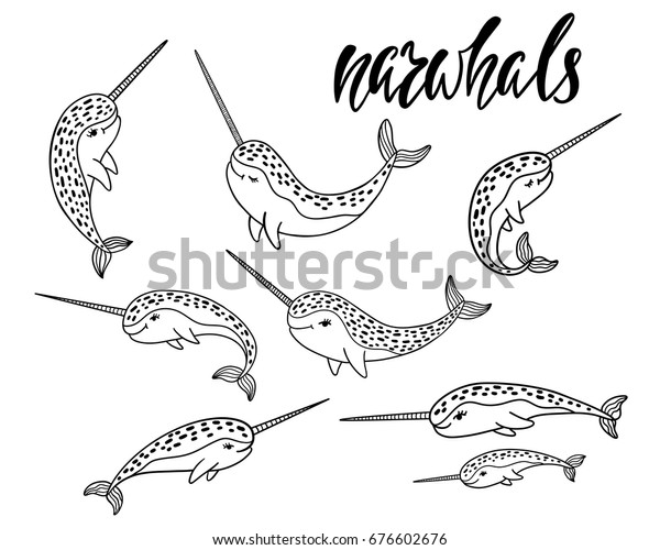 Set Hand Drawn Cartoon Funny Narwhals Stock Vector Royalty Free 676602676 Shutterstock