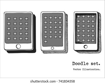 Set of hand drawn cartoon gadget icons with phone and tablet. Doodle style vector illustration. Collection of doodle decorative elements. Sketch drawing.