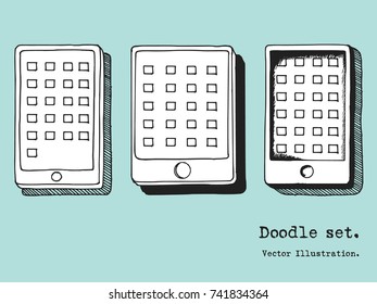 Set of hand drawn cartoon gadget icons with phone and tablet. Doodle style vector illustration. Collection of doodle decorative elements. Sketch drawing.