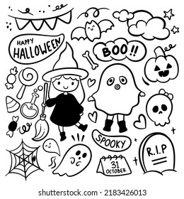 Juego de caricaturas dibujadas a mano Elemento doodle de Halloween, imagen recortada por vectores