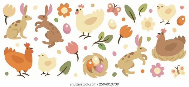 Set of hand drawn cartoon happy easter elements isolated on white background. Vector illustration of easter eggs, easter cake, chiken, hen, bunny, nest, flowers