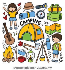 Set Of Hand Drawn Cartoon Hiking Doodle Vector Element