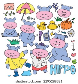 Set of hand drawn cartoon hippo cute isolated on white background. hippo cartoon design