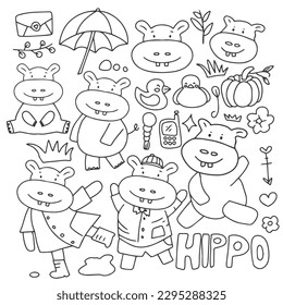 Un juego de dibujos a mano de hippo lindo aislado en fondo blanco. diseño de caricaturas de hipopótamo