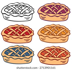 A set of hand drawn cartoon illustrations of sweet homemade fruit pies with a lattice crust,outline version and five colored versions (berry, cherry, apple, blueberry, and pumpkin pie) for bakery menu