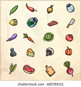 Set of hand drawn cartoon images of food and kitchen stuff. Vector isolated illustrations.
