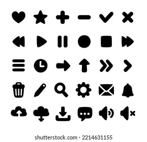Set of hand drawn cartoon interface icons for web, app or game. Simple and cute plump rounded style. Navigation, multimedia, settings.