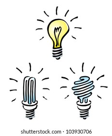 Set of Hand drawn, cartoon light bulbs, Tungsten bulb, orange old generation bulb,  and white energy saving bulb, symbol of ideas