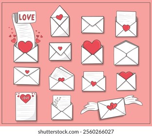 Set of hand drawn cartoon Love Letters in Envelopes. Doodle love mail messages with Heart Shapes Locks. Icons for Valentine's Day, Stickers, Decoration.