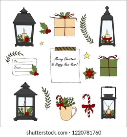Set of hand drawn cartoon Merry Christmas And Happy New Year elements. Vector Doodle Lantern, greeting box, poinsettia, wreath, candle, candy, note. Sketch isolated illustration for Stickers, Planner.