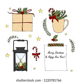Set of hand drawn cartoon Merry Christmas And Happy New Year elements. Vector Doodle Lantern, greeting box, poinsettia, wreath, candle, candy, note. Sketch isolated illustration for Stickers, Planner.