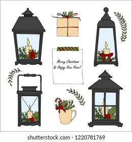 Set of hand drawn cartoon Merry Christmas And Happy New Year elements. Vector Doodle Lantern, greeting box, poinsettia, wreath, candle, candy, note. Sketch isolated illustration for Stickers, Planner.