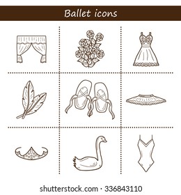 Set of hand drawn cartoon objects on ballet theme: shoes, dress, swan, tutu