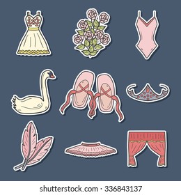 Set of hand drawn cartoon objects on ballet theme: shoes, dress, swan, tutu