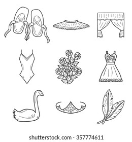 Set of hand drawn cartoon objects on ballet theme: shoes, dress, swan, tutu