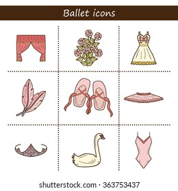 Set of hand drawn cartoon objects on ballet theme