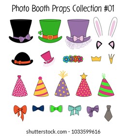 Set of hand drawn cartoon photo booth props with top hats, party hats, cat and bunny ears, crowns, flower chain, bow ties. Isolated objects on white background. Vector illustration. Design elements.