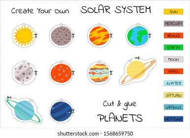 Set of hand drawn cartoon planets of the solar system. Solar system with names, vector illustration. Children's education, educational cut & glue or cut & match game