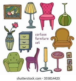 Set of hand drawn cartoon retro furniture. Vector illustration. Elements for design advertisement, brochure, poster, garage sale.