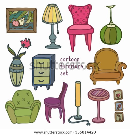 Set of hand drawn cartoon retro furniture. Vector illustration. Elements for design advertisement, brochure, poster, garage sale.