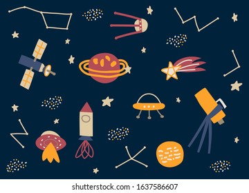 Set Hand drawn cartoon rocket, planets, comet, stars, ufo. Space exploration, space trip. Childish, Scandinavian style.  Vector Illustration for textile, fabric, wallpaper, web design