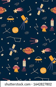 Set Hand drawn cartoon rocket, planets, comet, stars, ufo. Space exploration, space trip. Childish, Scandinavian style.  Vector Illustration for textile, fabric, wallpaper, web design