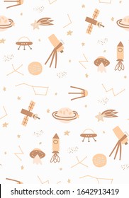 Set Hand drawn cartoon rocket, planets, comet, stars, ufo. Space exploration, space trip. Childish, Scandinavian style.  Vector Illustration for textile, fabric, wallpaper, web design