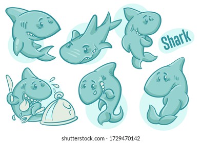 Set of hand drawn cartoon sharks. Sea life illustration. Vector.