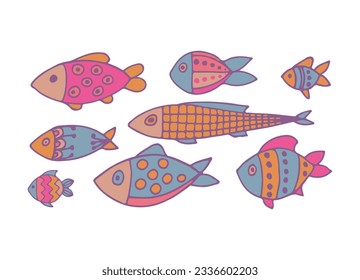 Set with hand drawn cartoon slaves. Vector doodle cartoon set of sea life objects for your design. flat design. vector