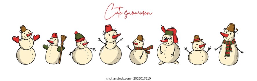 Set of hand drawn cartoon snowmen for christmas and new year decor, stickers, prints, cards, posters, banners, etc.