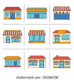 Set of hand drawn cartoon store icons