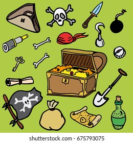 set of hand drawn cartoon style pirate objects, isolated design elements