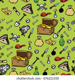 set of hand drawn cartoon style pirate objects, isolated design elements