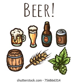 Set of hand drawn cartoon stylised illustrations on a beer subject. 