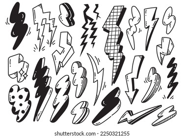 Set of Hand Drawn Cartoon Thunder Bolt Doodle
