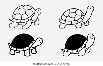 Set of Hand Drawn Cartoon Tortoise in Line and Silhouette Vector on White Background